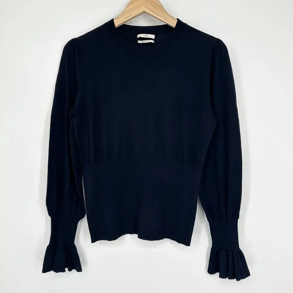 CO Essentials Silk Cashmere Blend Sweater Crew Neck Ruffle Cuff, Navy Blue